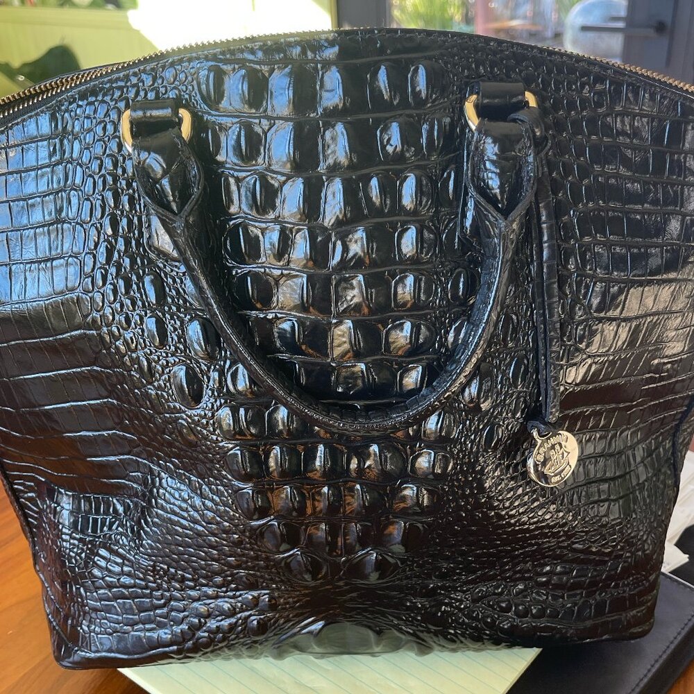 Brahmin Large Duxbury Satchel Black Melbourne Genuine Leather Crock Embossed!